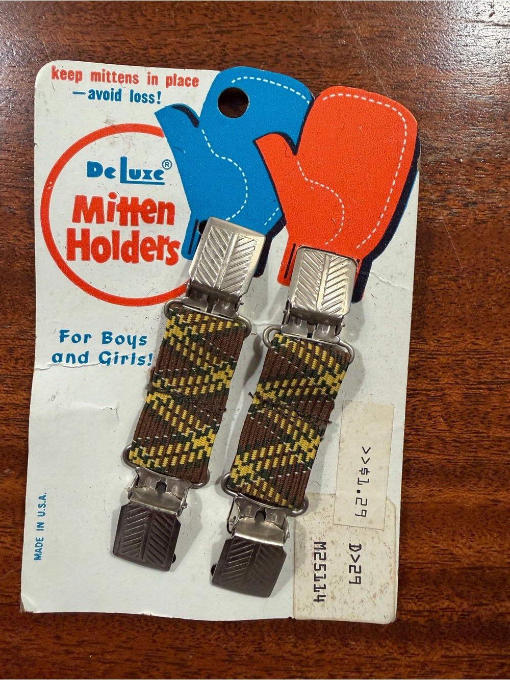 DeLuxe Brown & Yellow Plaid Mitten Holders - Vintage Accessories